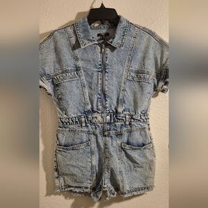 Forever 21 Kids Girls Sz 13/14 XL Bleached Wash Blue Denim 1 Pc Short Jumpsuit